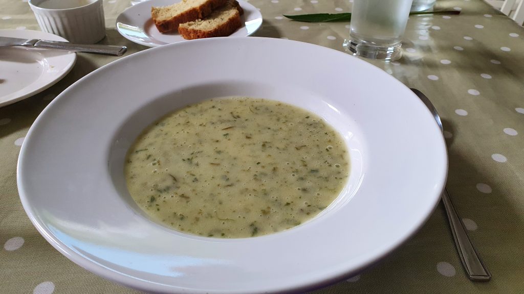 Potato soup with lovage and seaweed served with seaweed-inflected soda bread